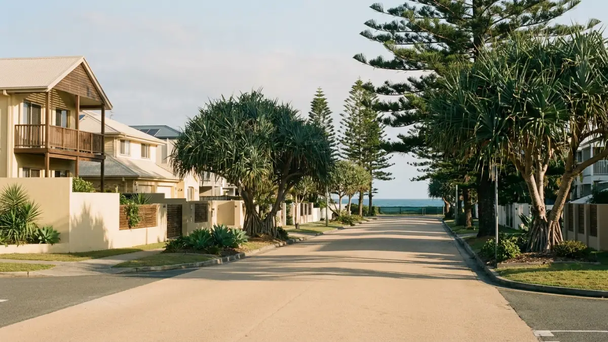 Quiet beachside residential street near Coolangatta, Gold Coast, with an ocean glimpse at the end of the road