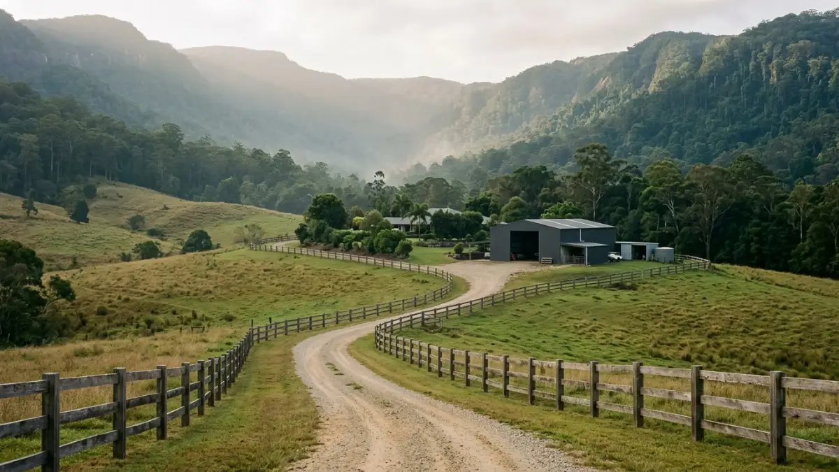 Gold Coast hinterland acreage near Springbrook with post-and-rail fencing and forested ranges behind