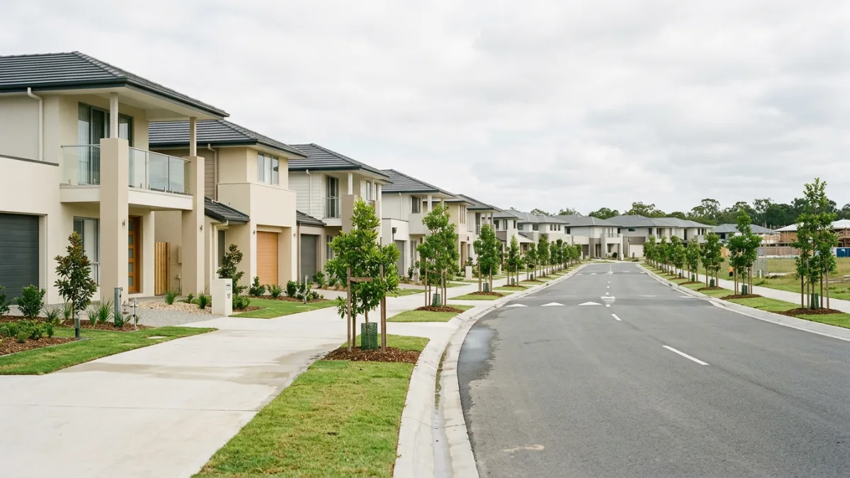 Newly completed master-planned estate street in the northern Gold Coast corridor near Ormeau